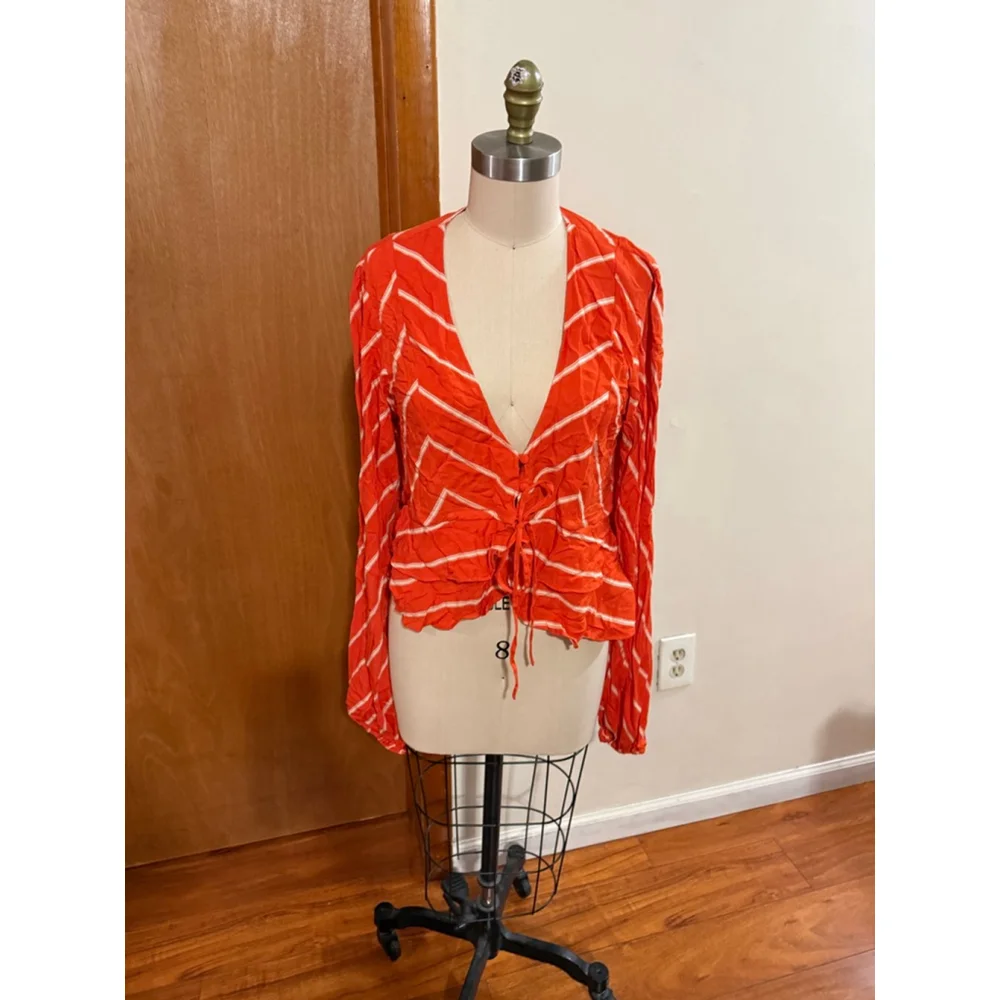 Women's Free People Orange White Striped Blouse Size L
